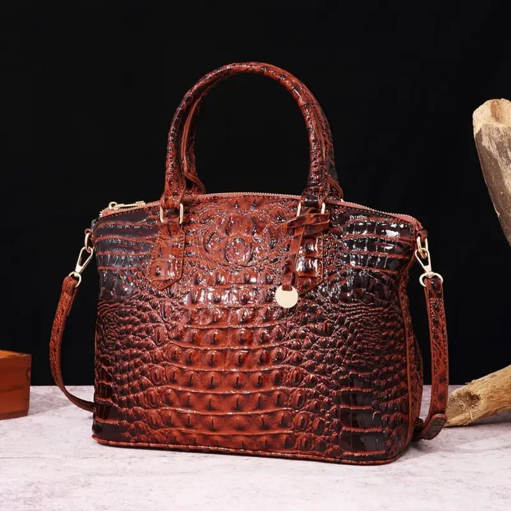 Elegant Brown Crocodile Embossed Luxury Handbag Satchel Shoulder Bag Vegan - Picture 2 of 7
